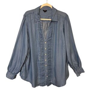 Torrid Women's Chambray‎ Button Front Blouse Blue Embroidered Detail Size 2 XXL
